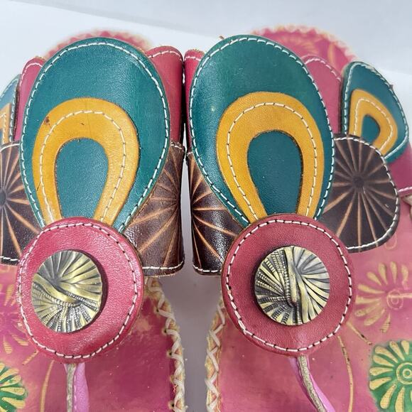 Elite Corkys Colorful Wedge Sandals Women’s 9 Leather Painted Navajo Pink Green - Picture 4 of 14